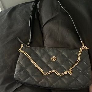 Tory Burch Black and Gold Quilted Willa Zip Shoulder Bag